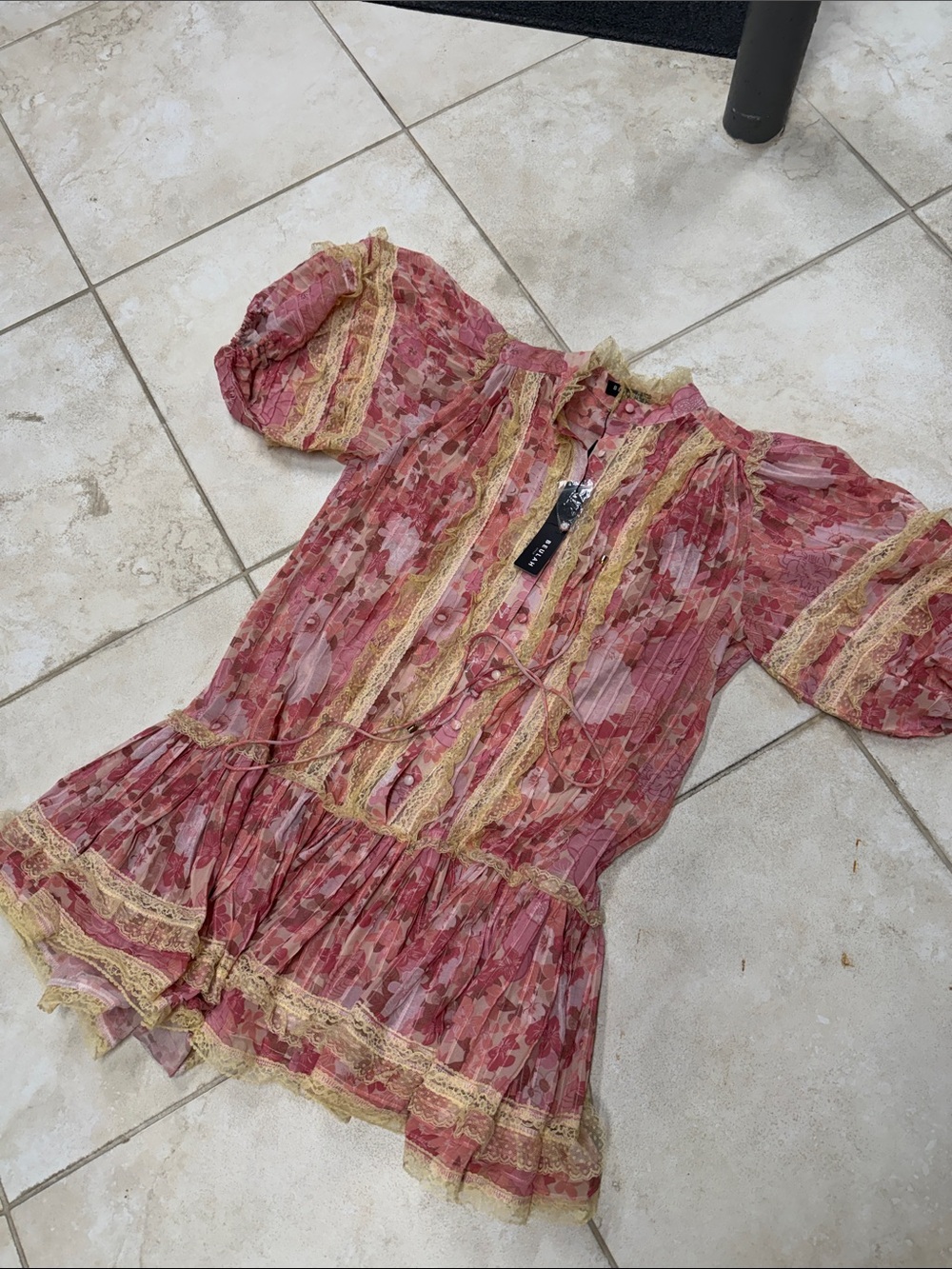 Beulah Pink Floral Lace-Trim Girls Dress